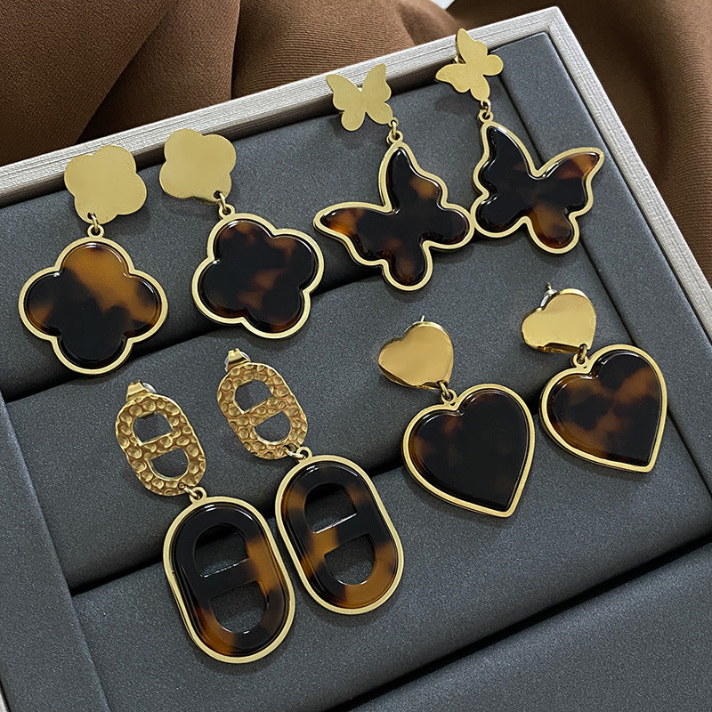 Vintage Elegant Leopard Print Heart Plated Brass Earrings