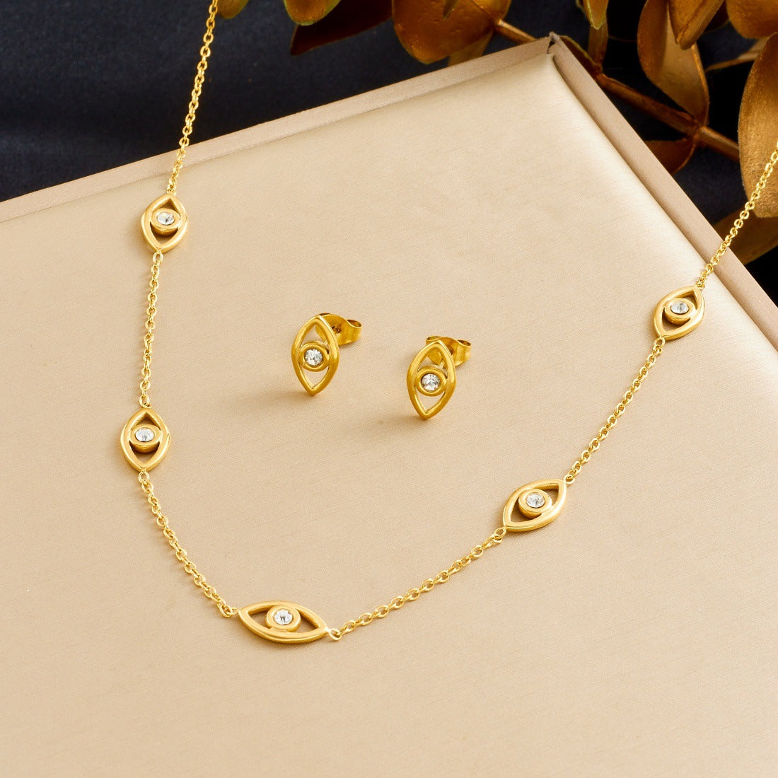 Gold Plated Stainless Steel Evil Eye Rhinestone Pendant Necklace Set for Women