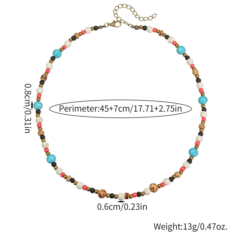 Bohemian Geometric Round Wood Turquoise Necklace Cable Chain Unisex