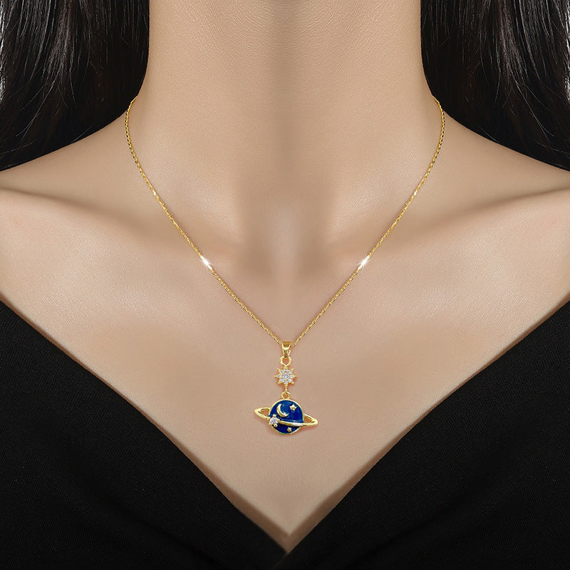 Luxury Sweet Galaxy Planet Pendant Necklace Titanium Steel Chain Rhinestone Inlay Geometric Design