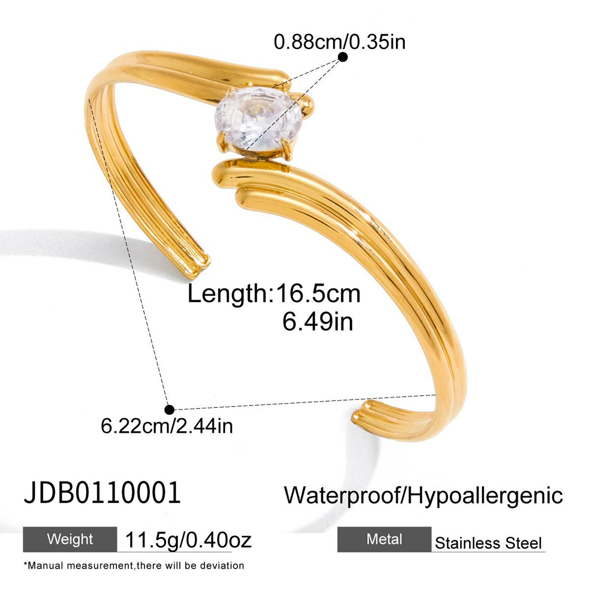 Pulsera de aro abierta minimalista geométrica de acero titanio con circonitas para mujer