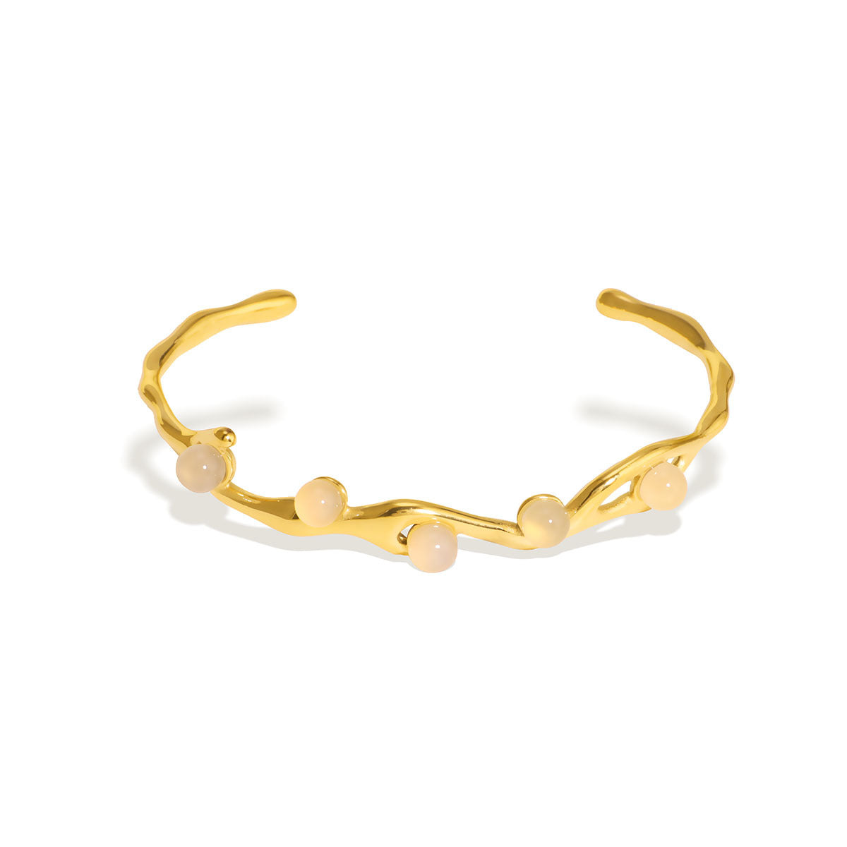 Vintage Style Titanium Steel Open Bangle for Women with Natural Stone and Pearl Inlay Geometric Design