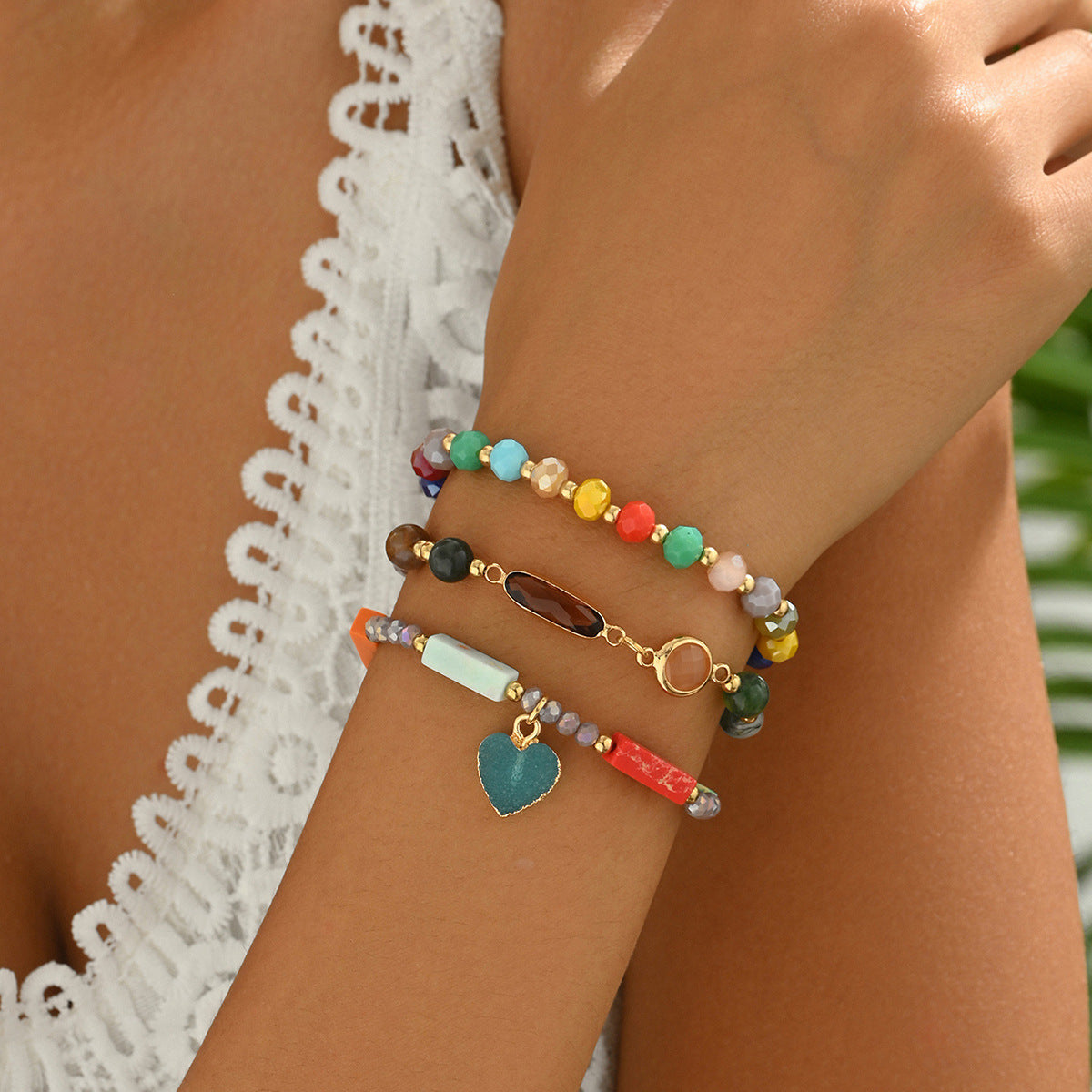 Set di braccialetti in cristallo con cuore minimalista e forme geometriche per donna con intarsio in lega e pietre di ametista e citrino