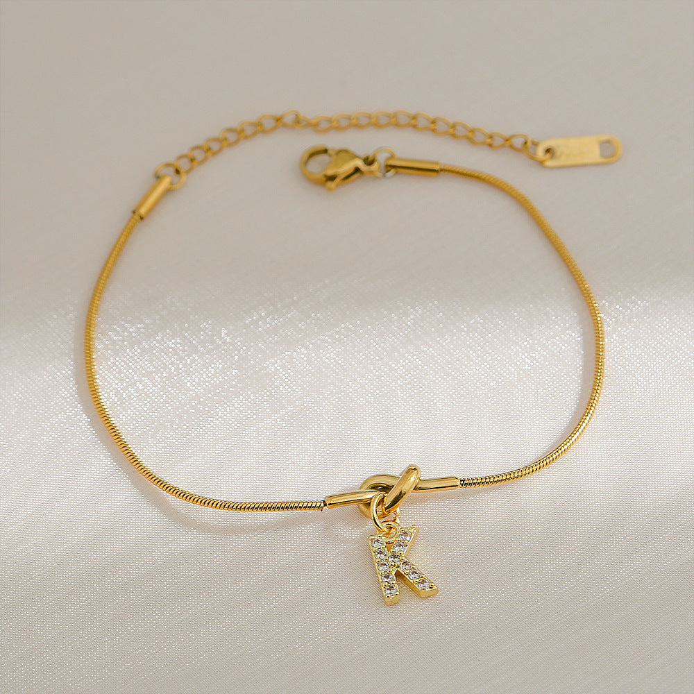 18K Gold Plated Stainless Steel Letter Heart Knot Charm Bar Bracelet for Women