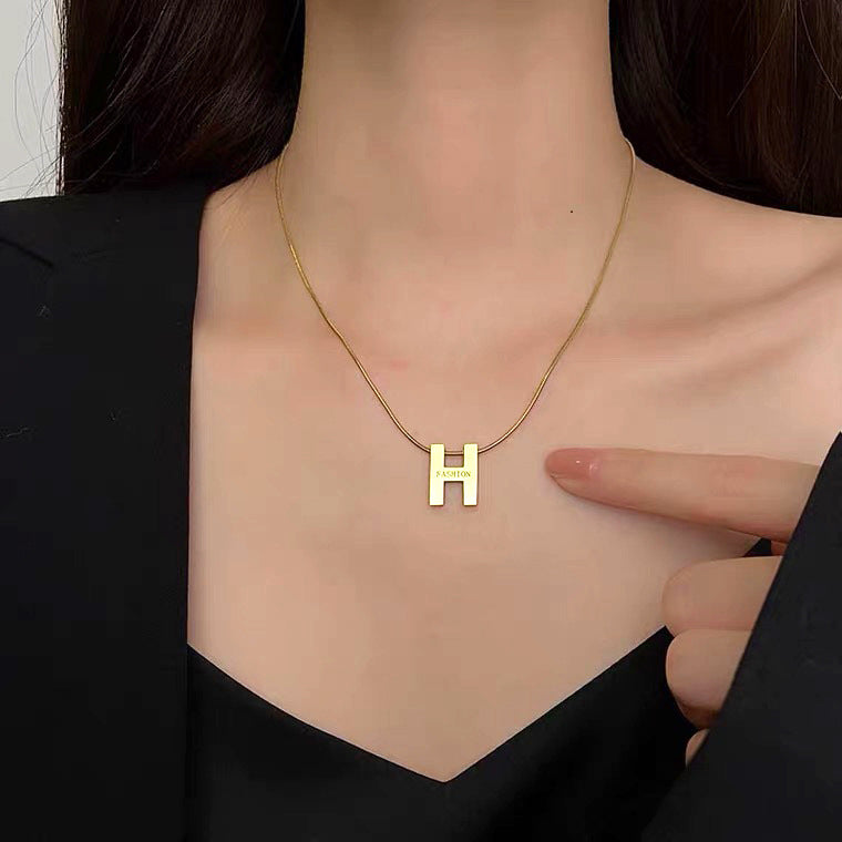 Minimalist Titanium Steel H-Shaped Pendant Necklace for Women with Plated Finish and Snake Chain