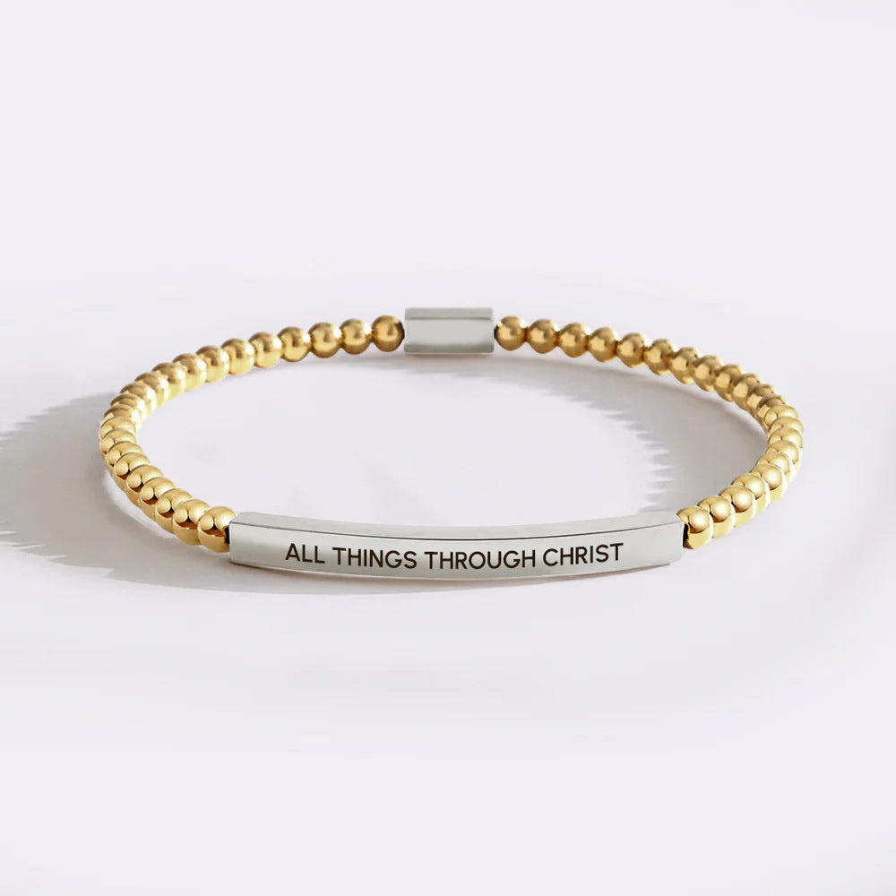 Minimalist Stainless Steel Bracelet with Black Matte Beads Blue Turquoise and Laser Engraved Gold Tube Charms Unisex Geometric Letter Jewelry