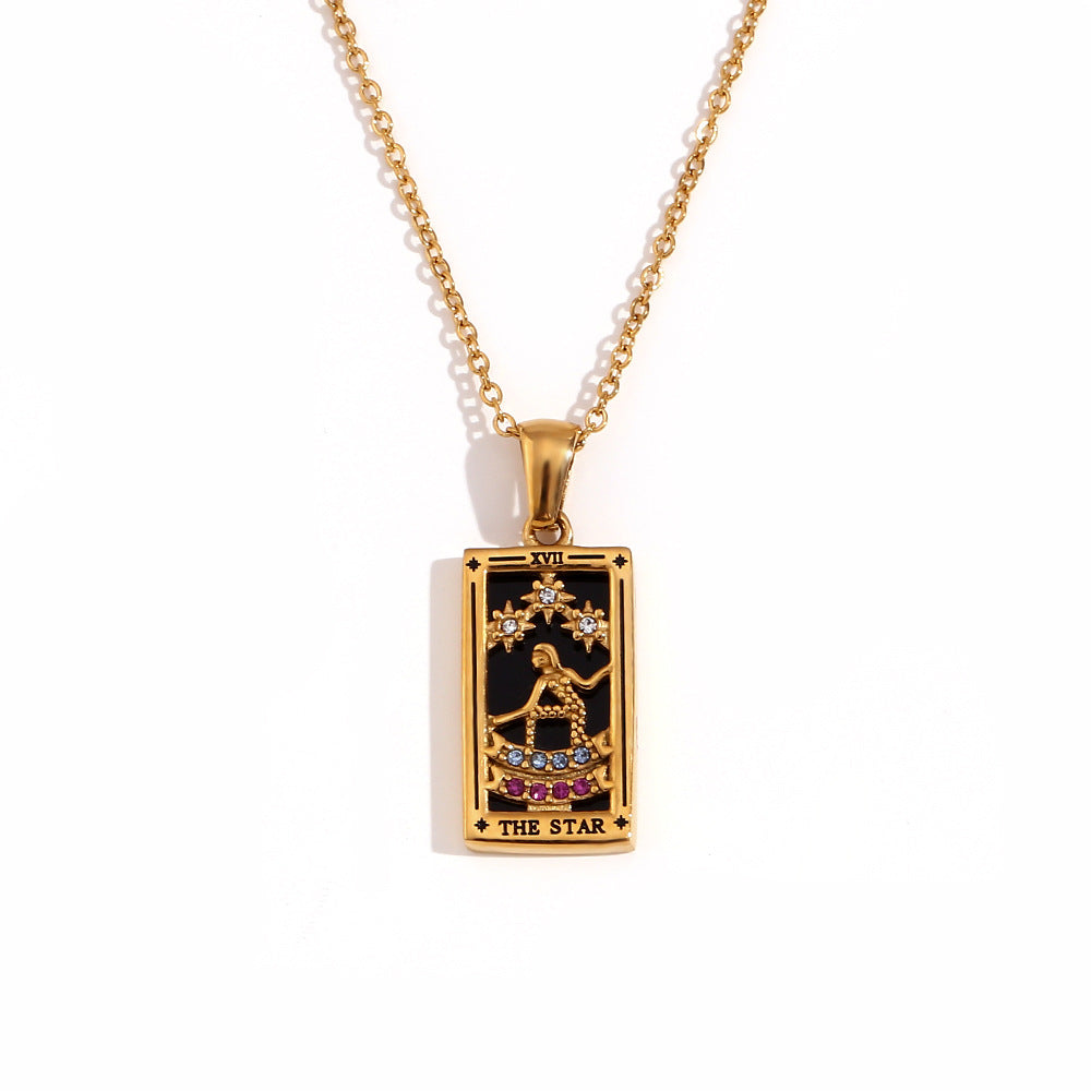 Vintage Tarot Card Pendant Necklace for Women Stainless Steel with 18K Gold Plating Geometric Four-Sided Design Fashion Office Style