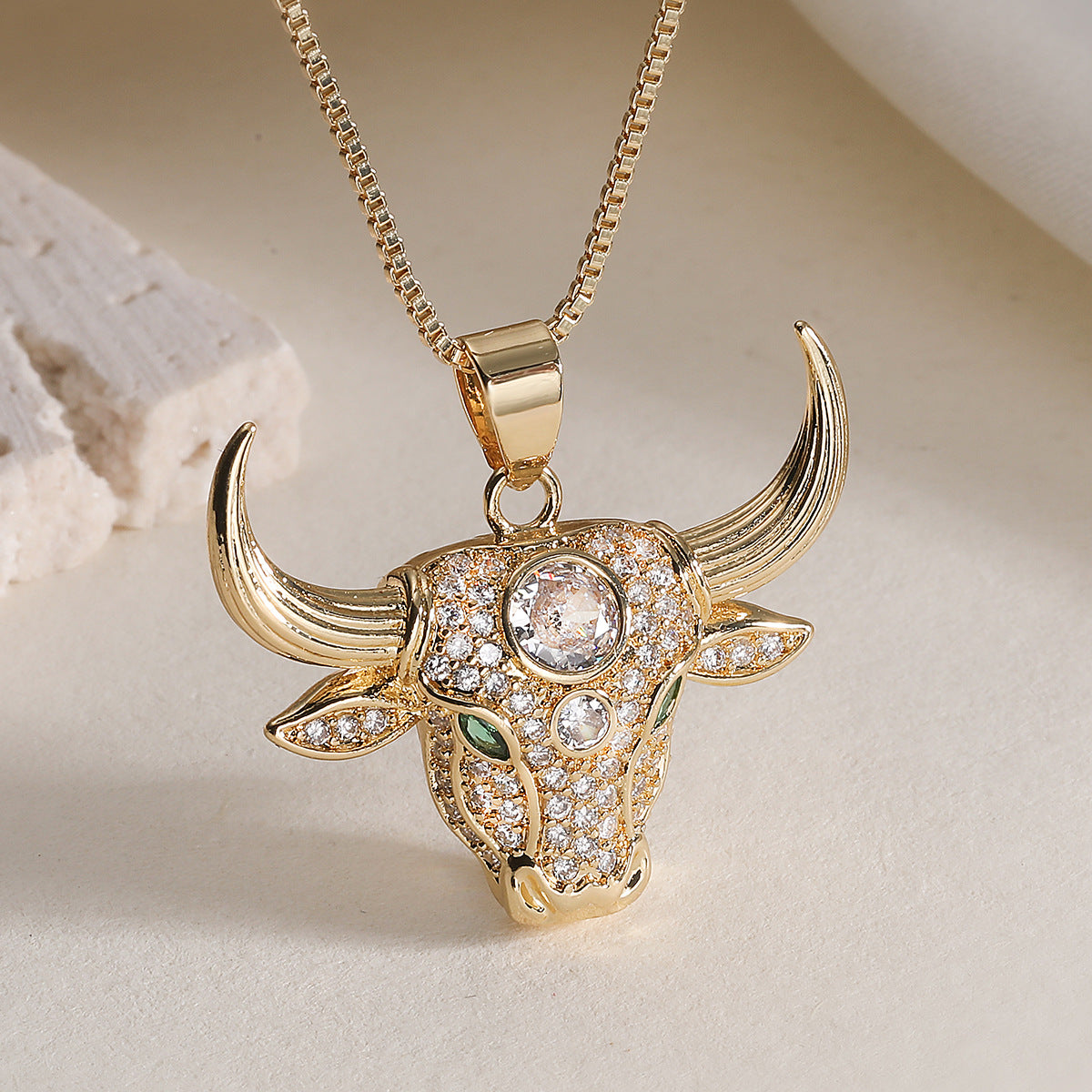 Hip-hop Minimalist Gold Plated Brass Bull Head Pendant Necklace with Cubic Zirconia