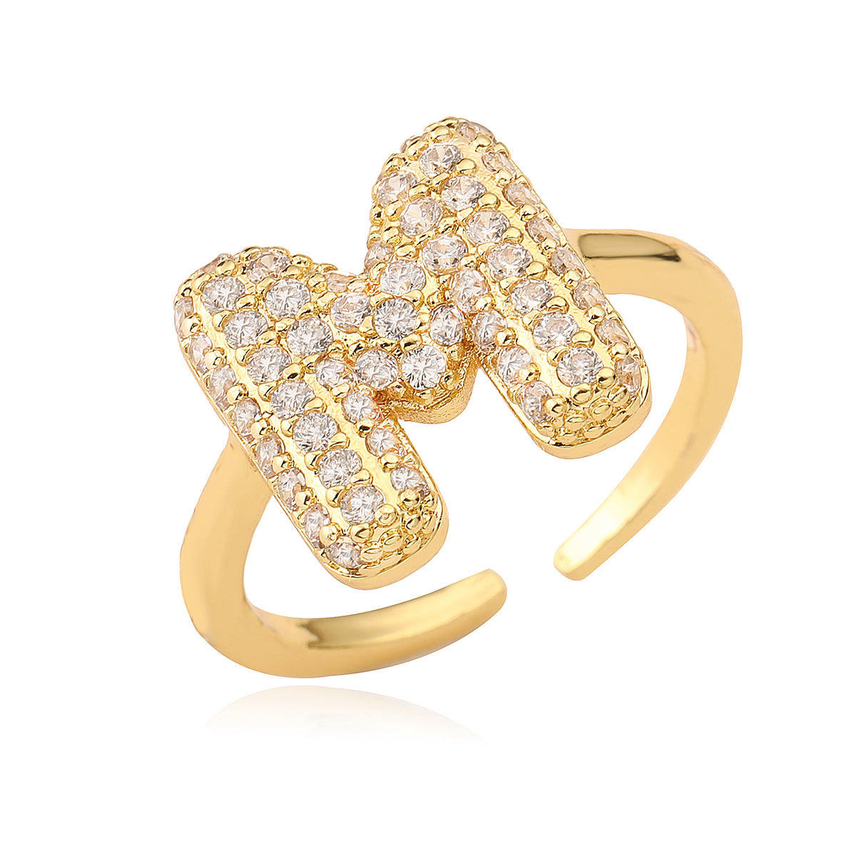 Anillo de cobre minimalista de forma geométrica con letras, chapado en oro de 18K y detalles de circonita para mujer