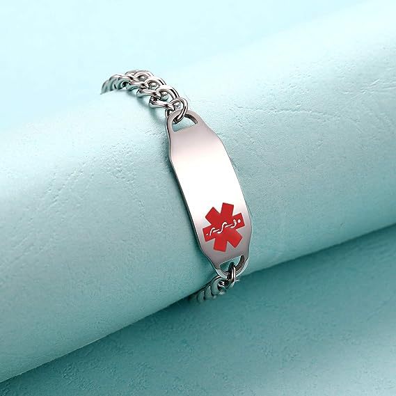 Sweet and Edgy Polished Stainless Steel Medical Alert Bracelet for Women and Men