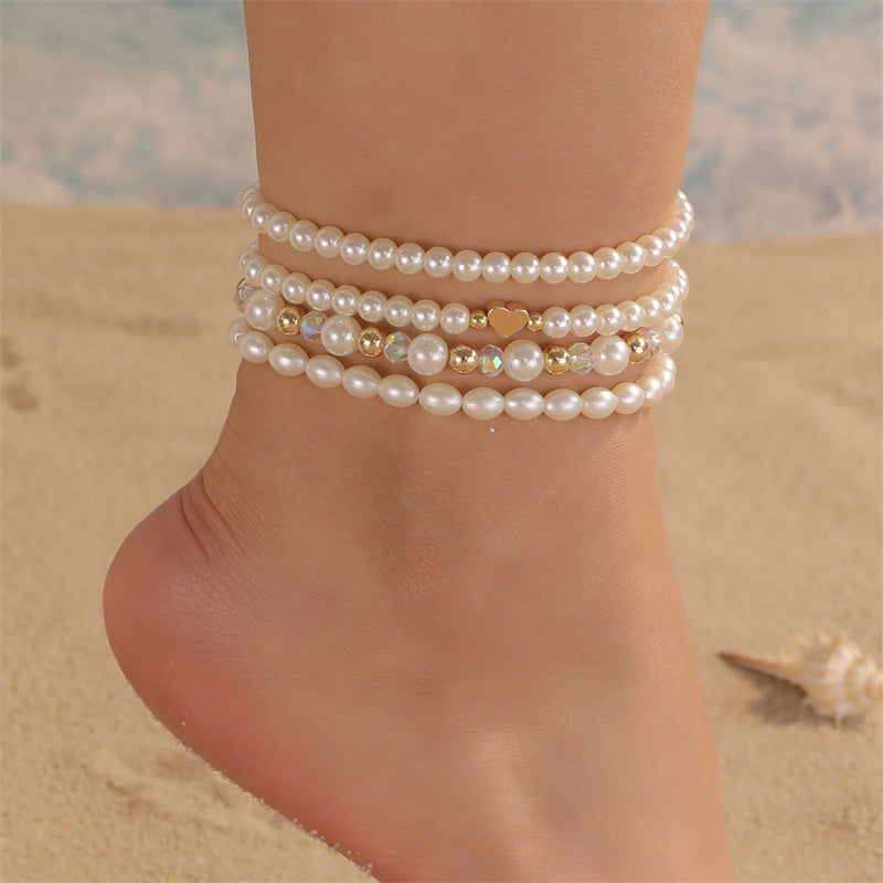 Set di cavigliere eleganti a forma di cuore con perle finte e motivi a stella per ragazze, amiche, regalo di compleanno