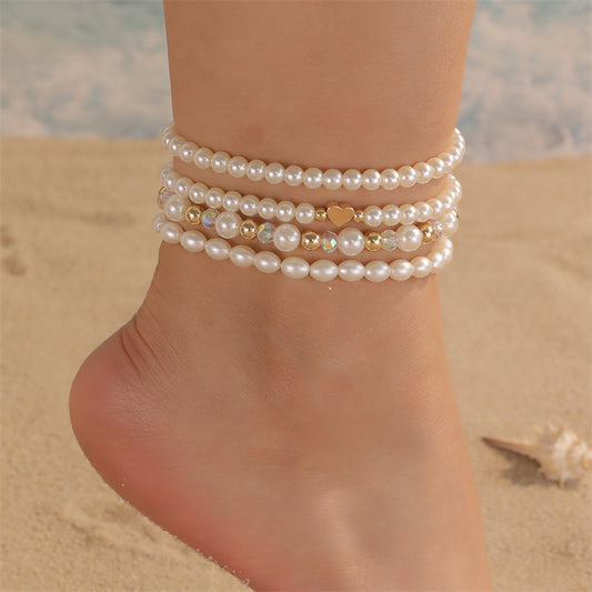 Elegant Heart-Shaped Anklet Set with Imitation Pearl Accents and Star Motifs for Girls Friends Birthday Gift