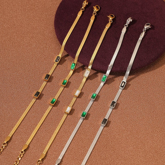 Pulsera de cadena con hoja geométrica de acero inoxidable a la moda para mujer con circonita cuadrada colorida y acabado chapado