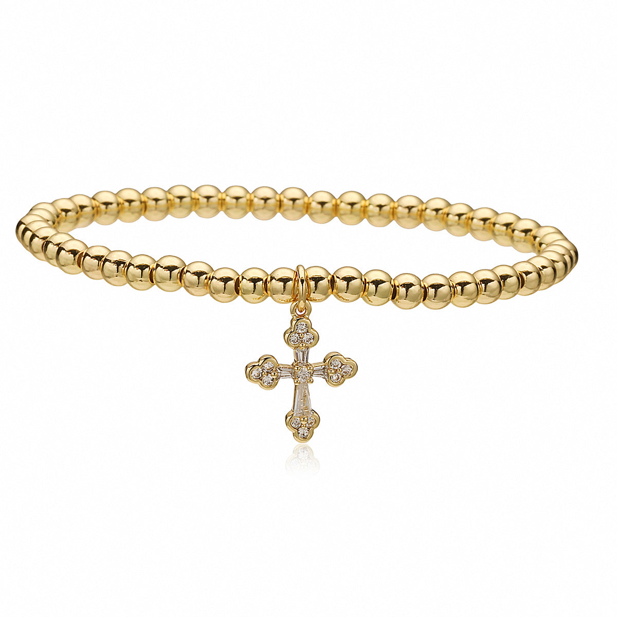 Minimalist 18K Gold Plated Brass Cross Geometric Cubic Zirconia Inlay Ball Chain Bracelet for Women