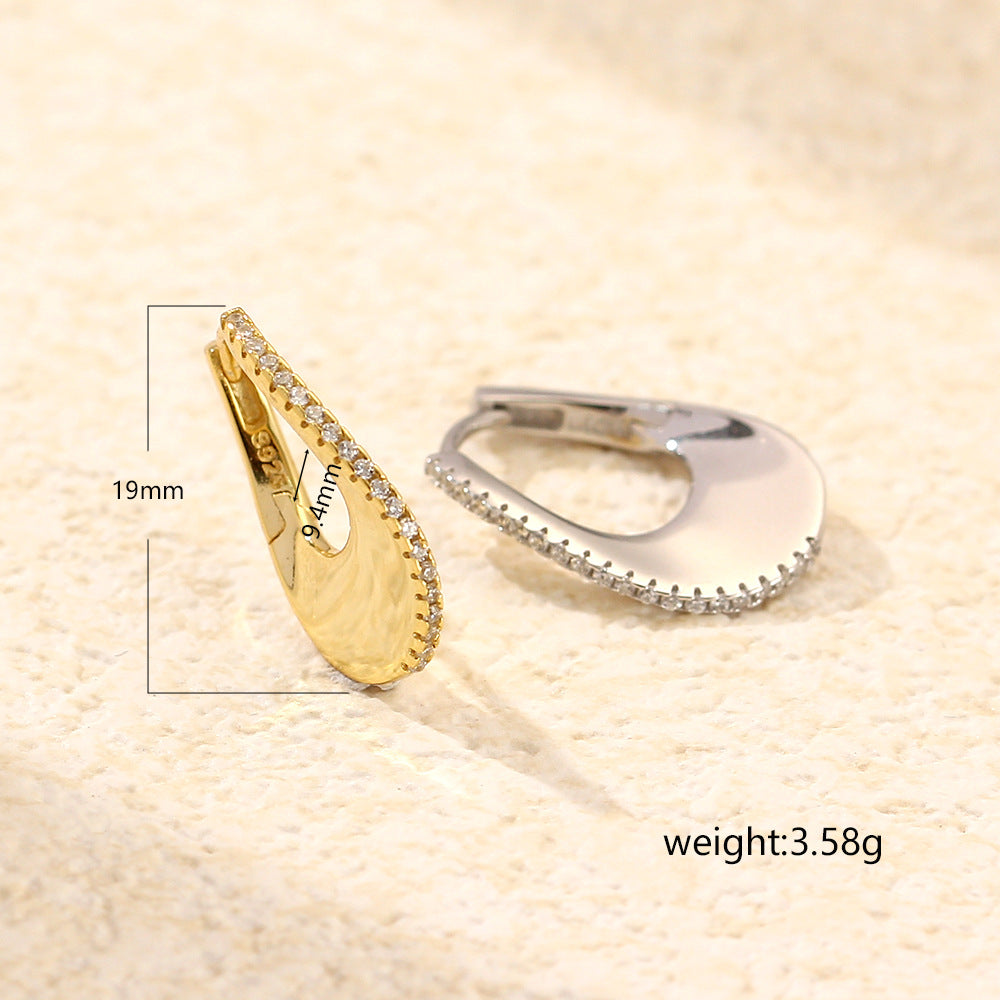 Elegant 925 Sterling Silver Geometric Inlay Diamond U-Shaped Hoop Earrings for Women