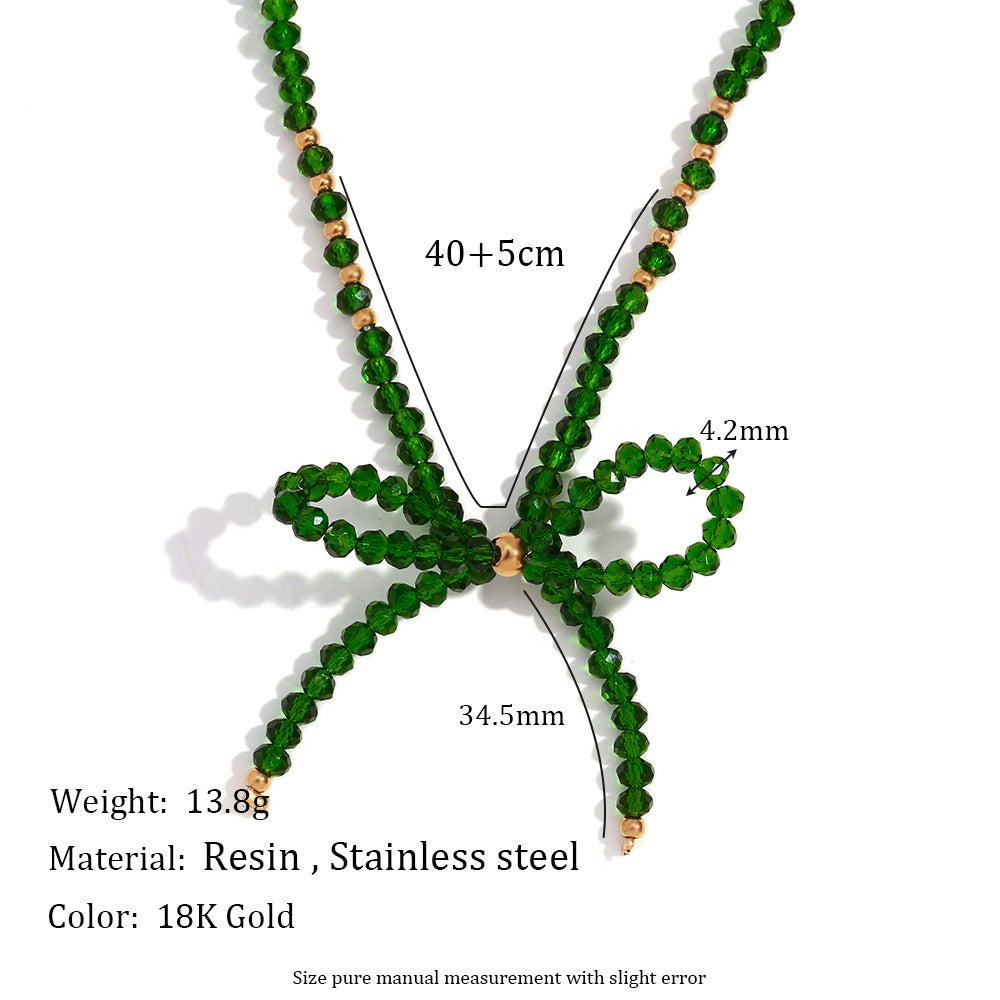 Elegante Collar Minimalista de Acero Inoxidable en Forma de Lazo con Colgante de Acero Inoxidable Titanio Galvanizado y Acentos de Cristal Verde Facetado para Mujer