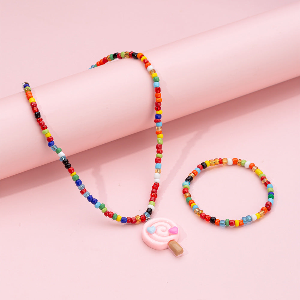 Set di collane in resina a forma di lecca-lecca a cartoni animati per bambini con catena di perline, gioielli estivi colorati "Dopamine"
