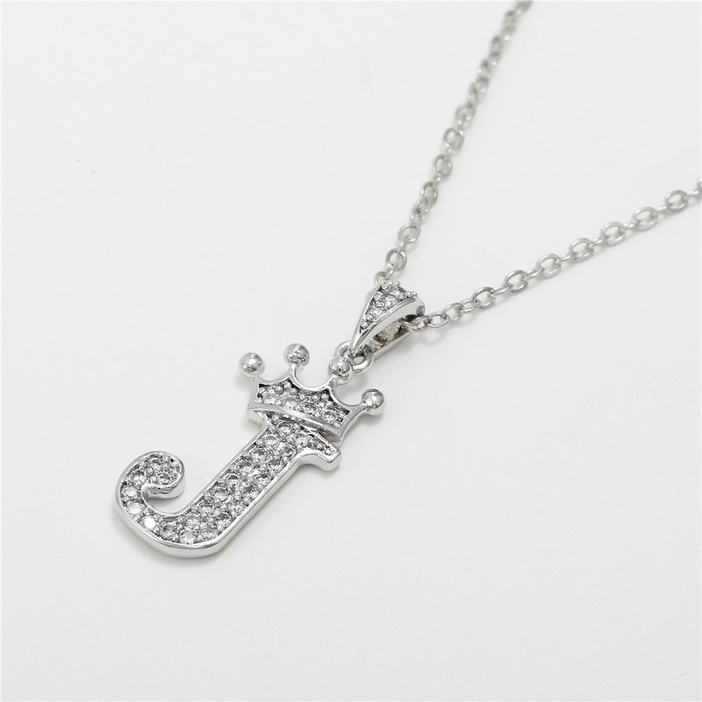 Minimalist White Gold Plated Crown Letter Pendant Necklace with Micro-Pave Cubic Zirconia for Women