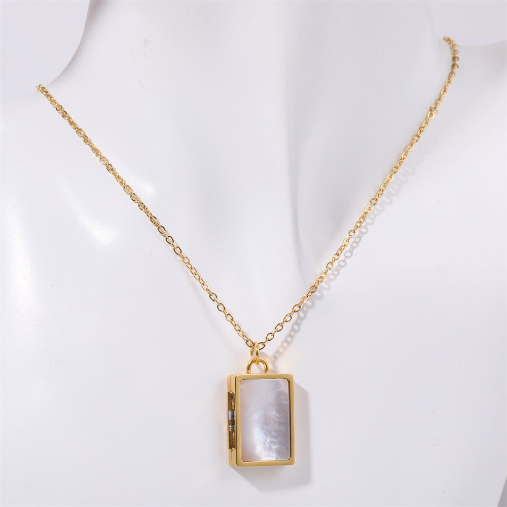 Collana pendente conchiglia geometrica minimalista con portafoto magnetico in acciaio inossidabile e acciaio al titanio, design quadrato e rotondo