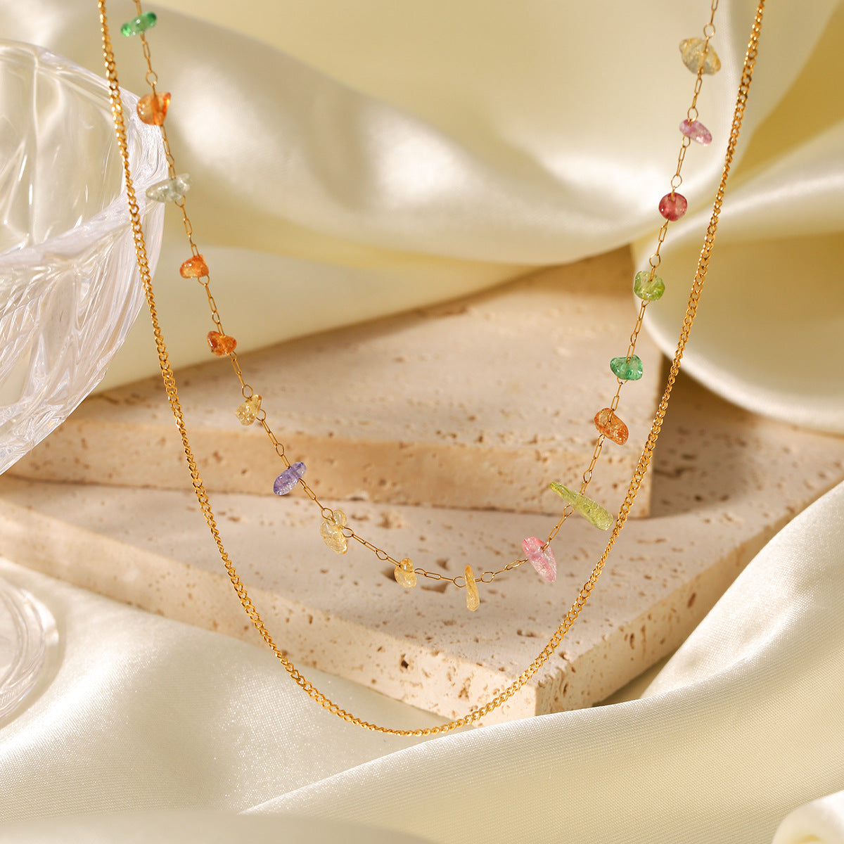 Trendy Geometric Double Layer 18K Gold Plated Stainless Steel Necklace with Colored Crushed Stone for Women
