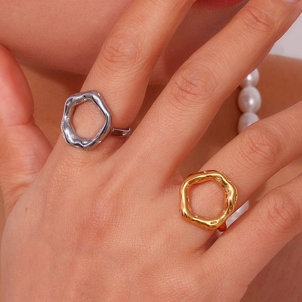 Minimalist Geometric Stainless Steel Ring with 18K Gold Plating and Hollow Design for Women