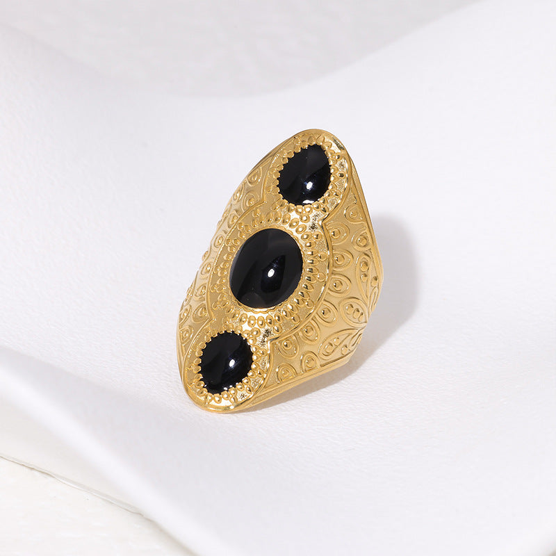 Vintage Geometric Titanium Steel Ring for Women with 18K Gold Plating and Adjustable Band