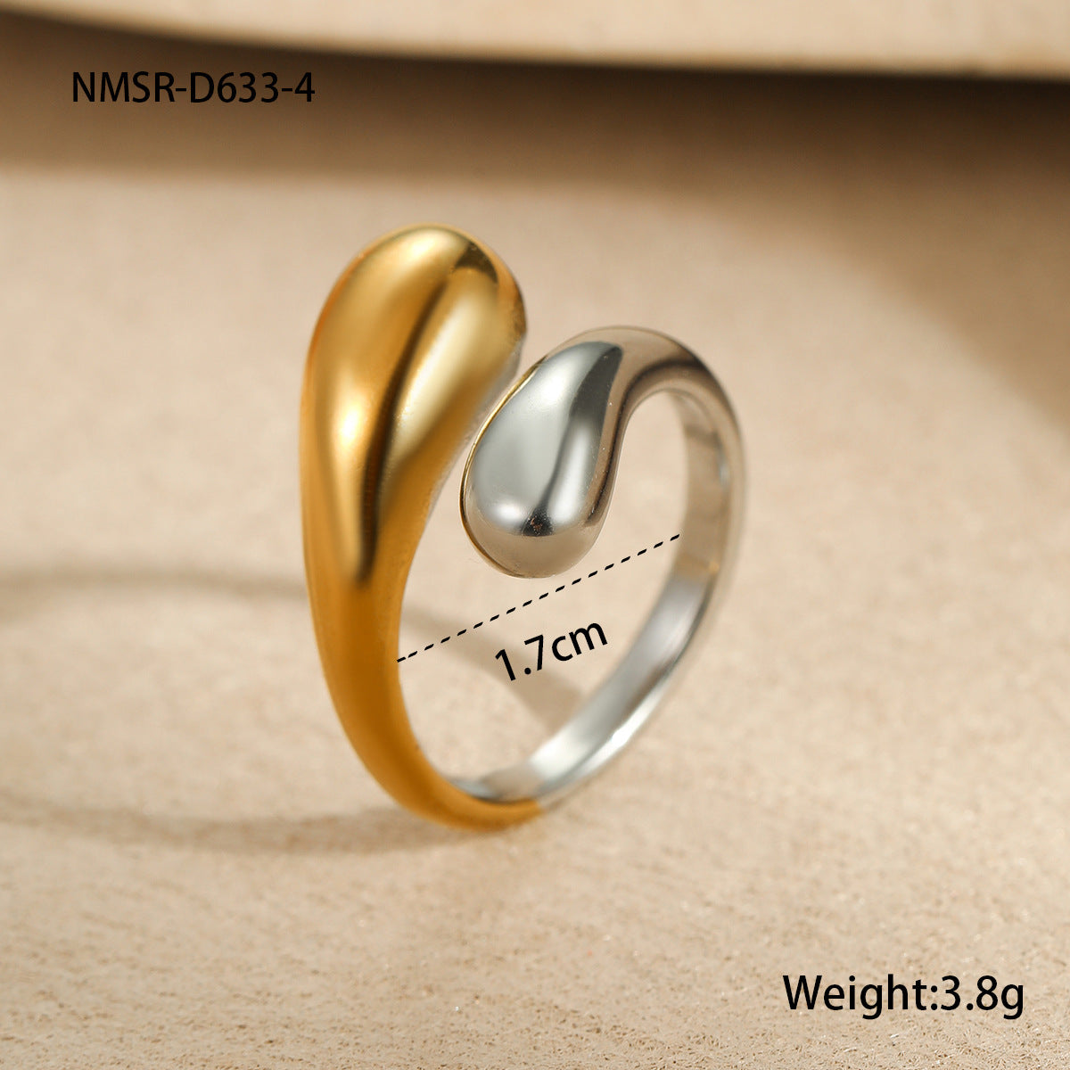 Anillo ajustable de acero inoxidable con forma de gota, diseño geométrico minimalista calado y acabado chapado para mujer