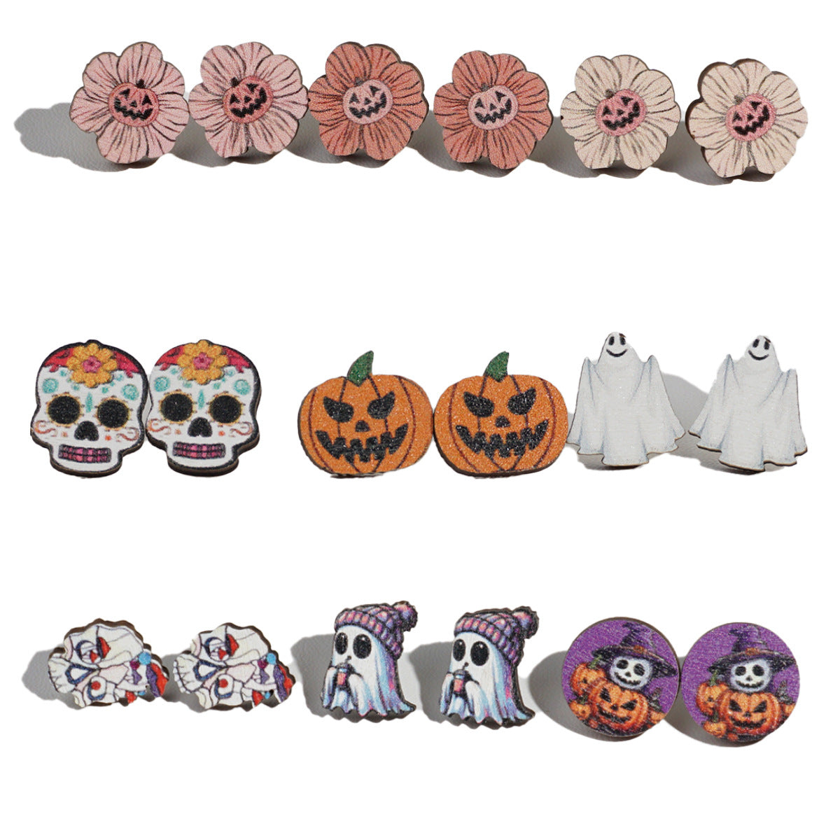 Conjunto de pendientes de madera con forma de calabaza fantasma y diablillo con temática de Halloween y postes de acero inoxidable