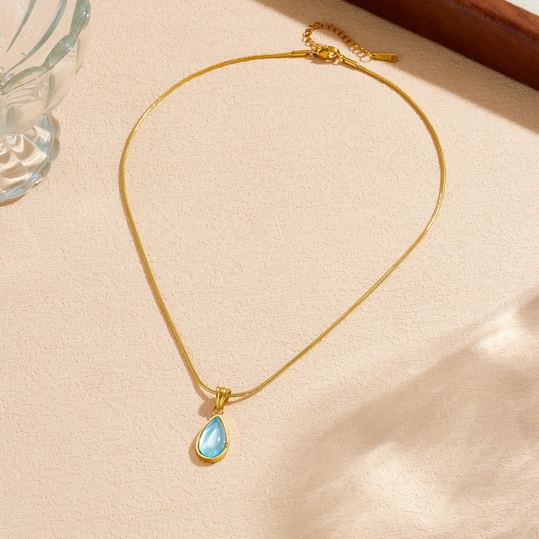 Blue Ocean Heart Teardrop Gold Plated Stainless Steel Necklace with Snake Chain for Women