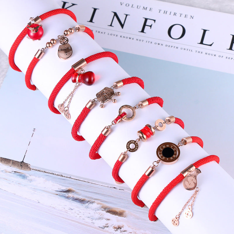 Bracciale da donna in stile geometrico in acciaio al titanio con cordino rosso, stile fattoria pastello