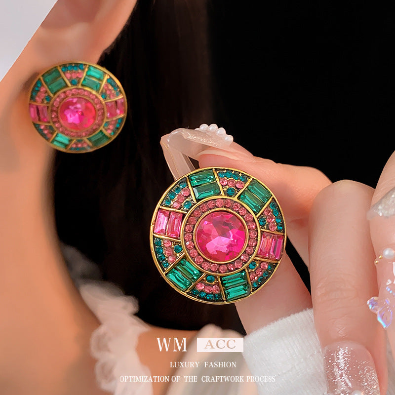 Vintage Geometric Rhinestone-Studded Round Earrings in Alloy with Silver-Plated Steel Posts for Women