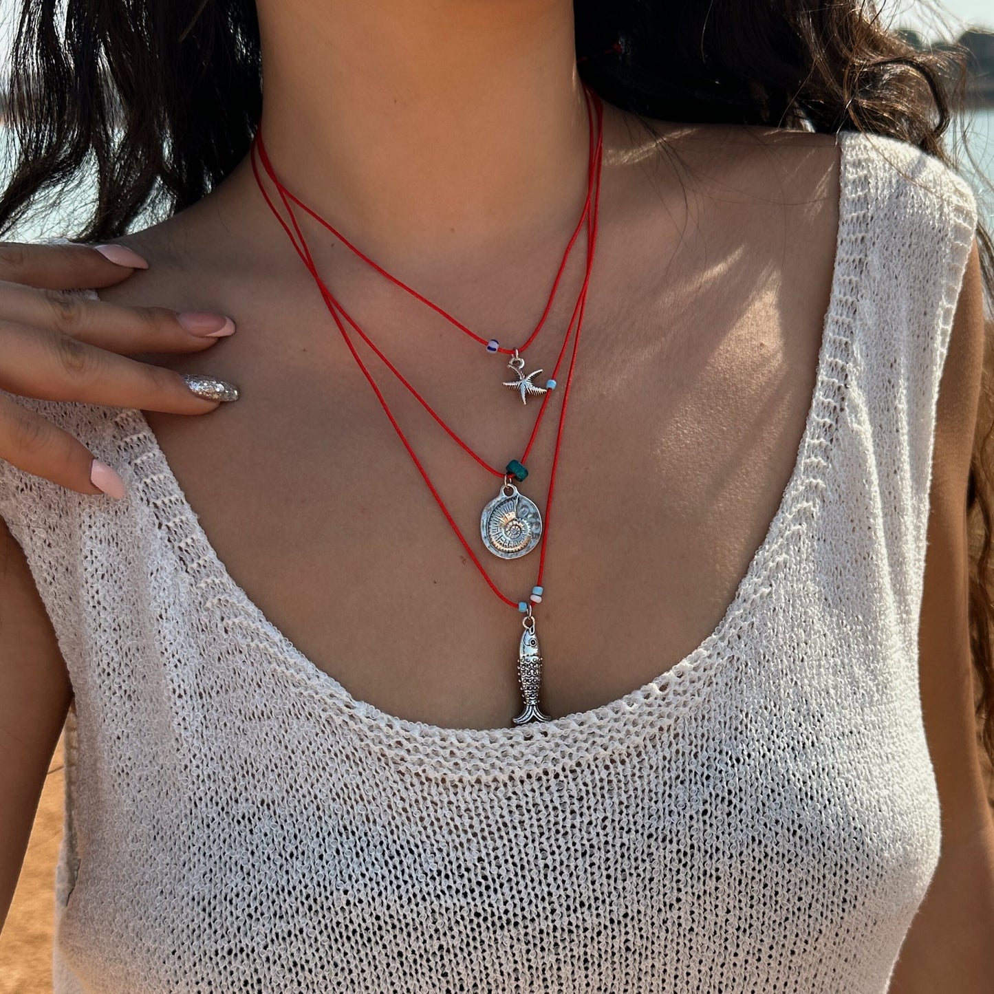 Collana Pendente a Strati con Guscio di Pesce Geometrico in Lega Placcata Ottone con Catenina per Donna