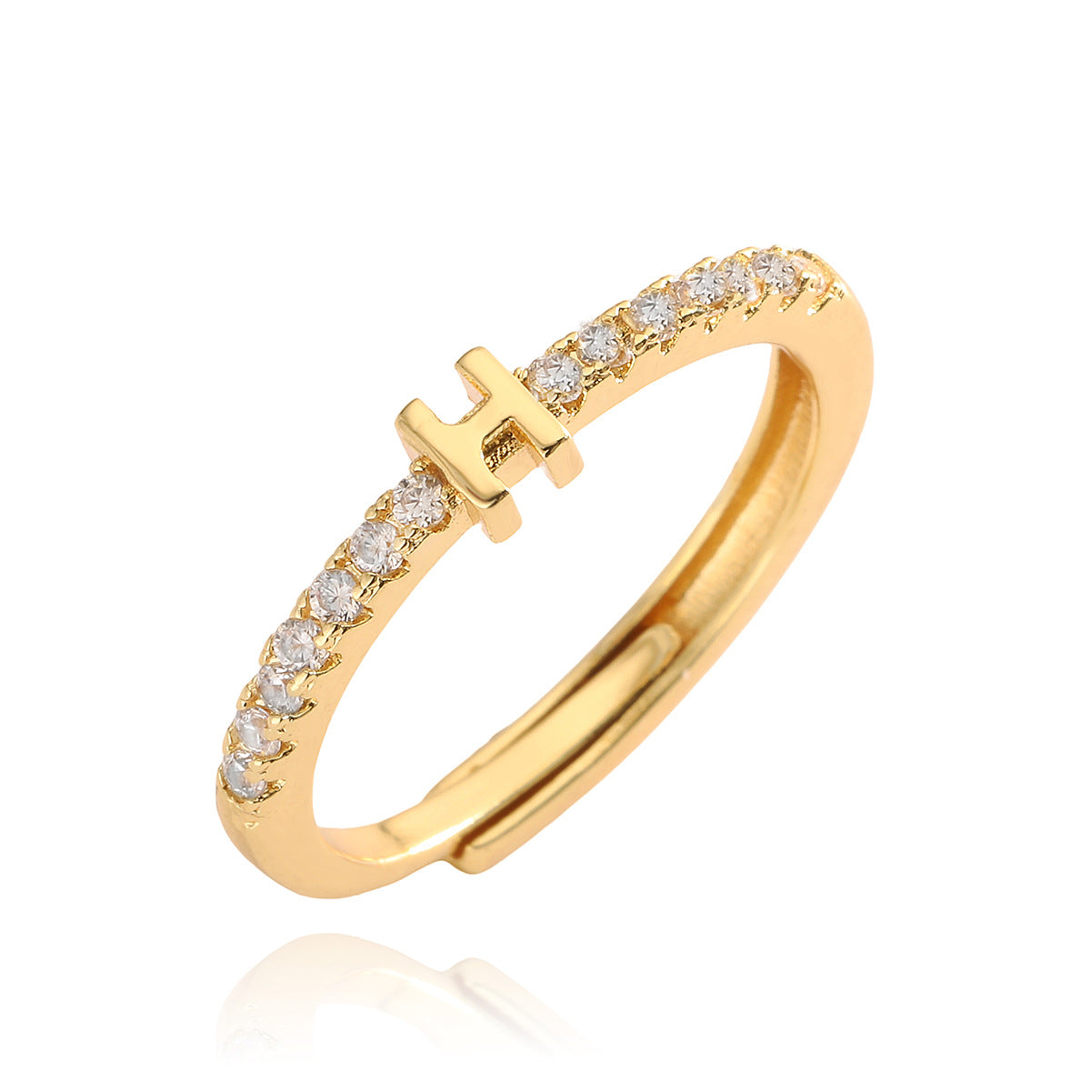 Anello in Rame Geometria Minimalista con Placcatura in Oro 18K e Zirconia Cubica, Design Regolabile a Lettera per Donna