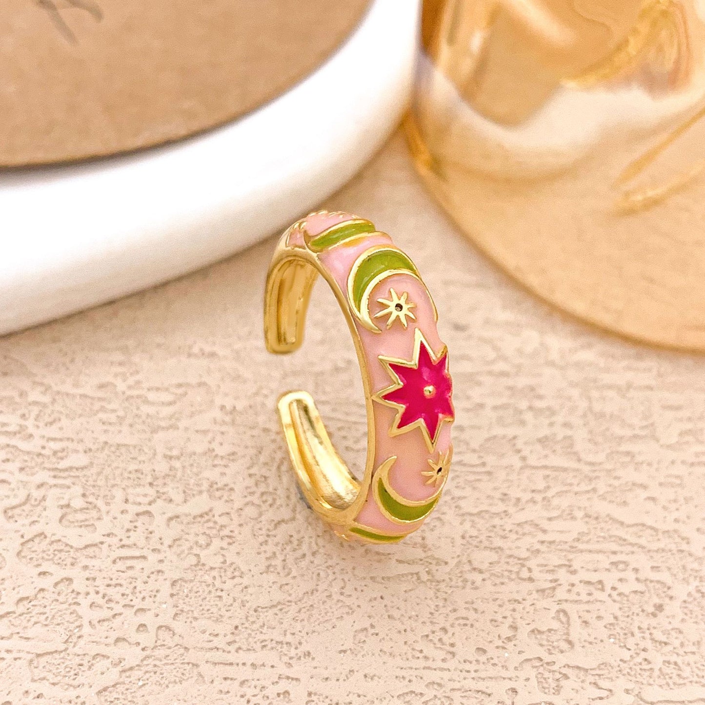 Sweet Alloy Gold Plated Drip Oil Round Oval Ring with Polka Dot Evil Eye Design for Women