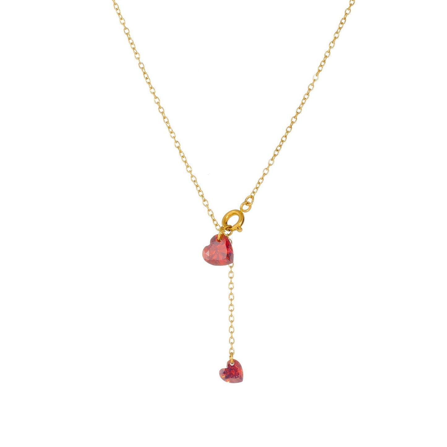 Minimalist Red Rhinestone Heart Stainless Steel Pendant Necklace with Tassel for Women