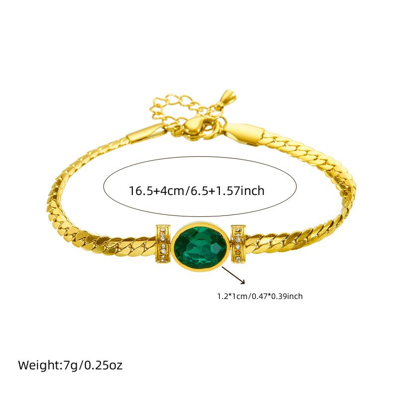 Vintage Emerald Oval Fashion Stainless Steel Rhinestone-Set Bracelet and Necklace for Women