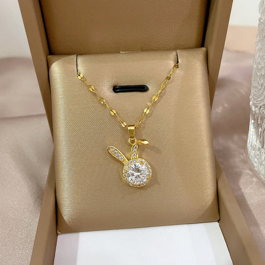 Charming Rabbit-Shaped Pendant Necklace for Women in Titanium Steel with Rhinestone Inlay and Geometric Design