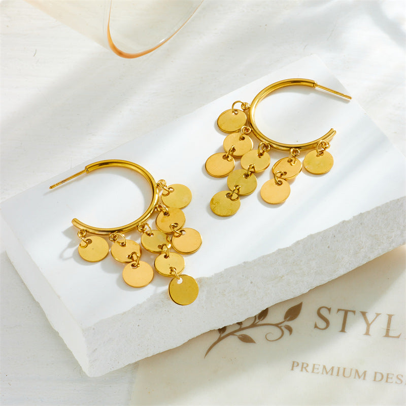 Vintage Minimalist Gold-Plated Titanium Steel Geometric Pendant Earrings with Tassel Detail for Women
