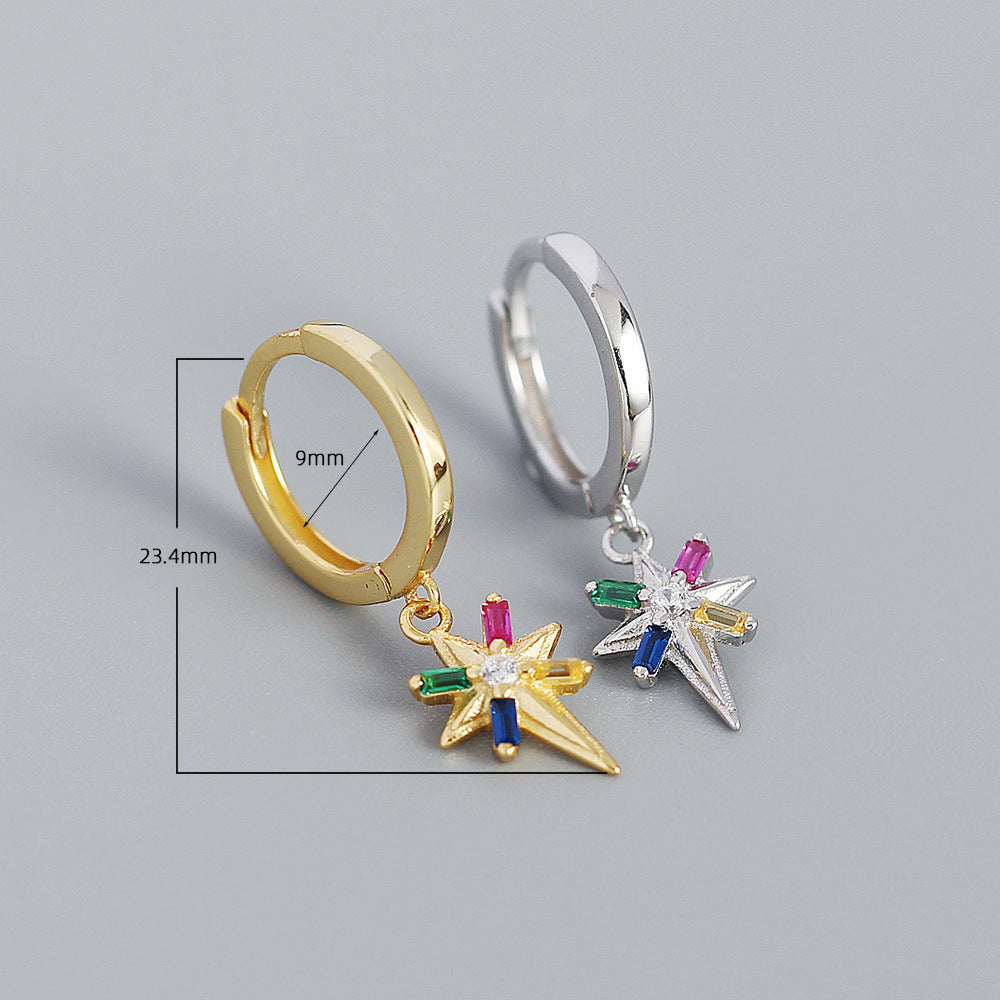 Minimalist 925 Sterling Silver Star Inlaid Rhinestone Hoop Earrings