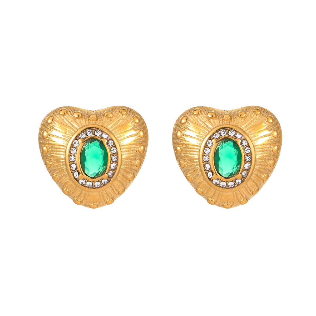 Fashionable Heart-Shaped Stainless Steel Stud Earrings with 18K Gold Plating and Rhinestone Inlay
