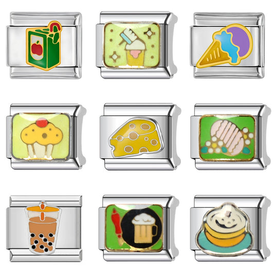 Vintage Sweet Stainless Steel Plated DIY Charm Bar Bracelet with Food Pattern