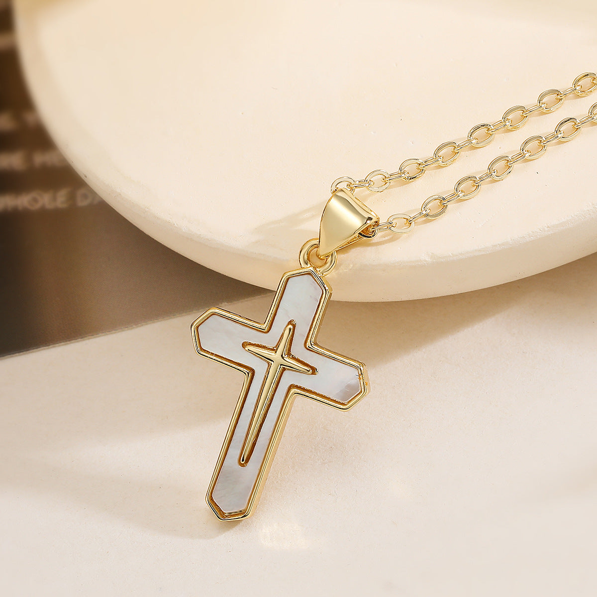 Minimalist 18K Gold Plated Brass Micro-inlay Shell Cross Pendant Necklace for Women