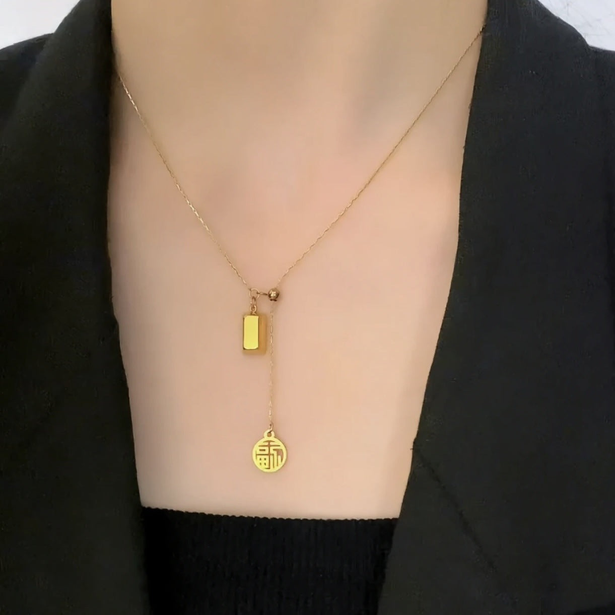 Minimalist Chinese Style Fortune Character Pendant Necklace in Titanium Steel with Plated Finish Adjustable Clavicle Chain for Women