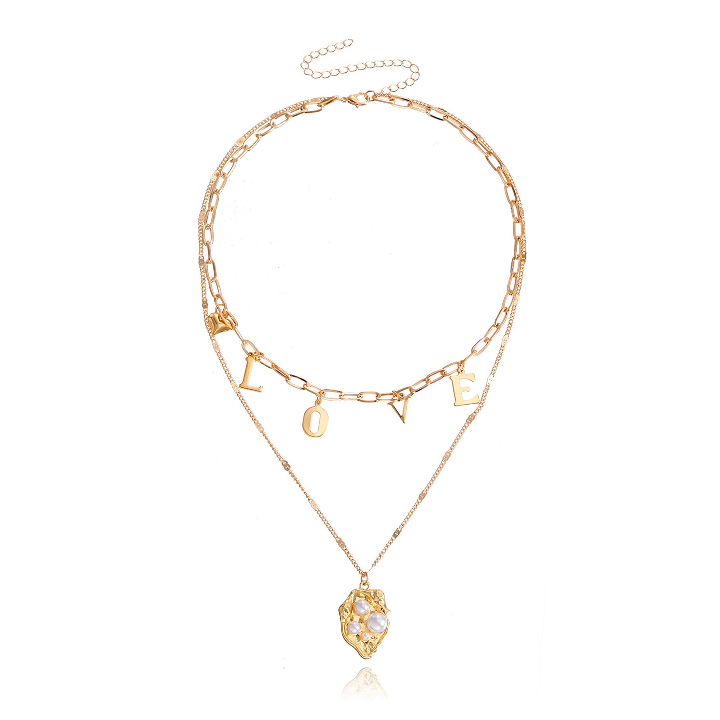 Minimalist and Bold LOVE Letter Layered Necklace with Pearl Pendant in Alloy with Plated Finish