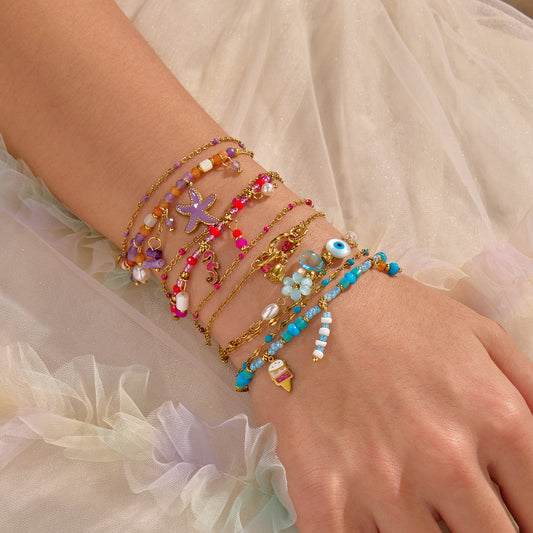 Bohemian Style Starfish and Floral Pattern Stainless Steel Plated Bracelet for Women with Geometric Design and Fresh Aesthetic