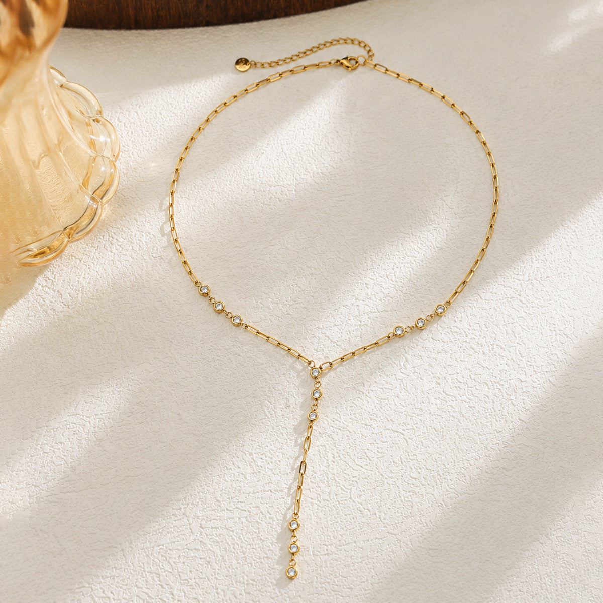 Luxury Minimalist Round Geometric Cubic Zirconia Pendant 18K Gold Plated Stainless Steel Y-Shape Tassel Necklace for Women