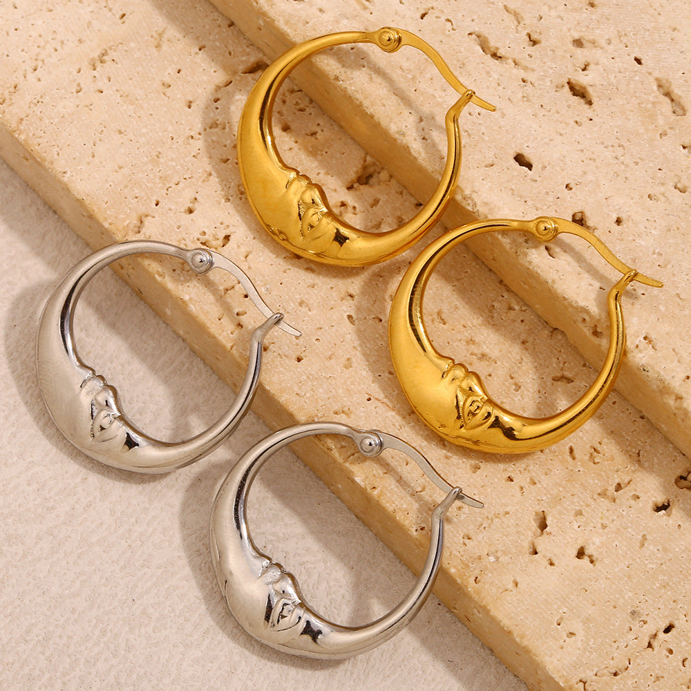 Minimalist Abstract Moon Ear Studs in 316L Stainless Steel with 18K Gold Plating for Women