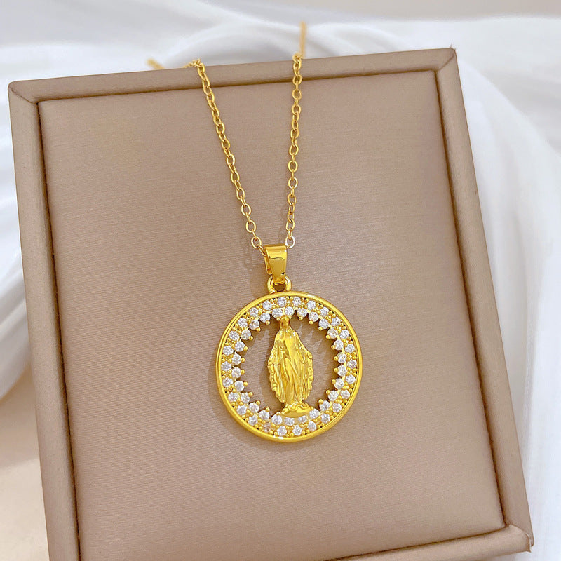 Sweet Minimalist Round Geometric Rhinestone Inlay Titanium Steel Necklace with Brass Pendant for Unisex