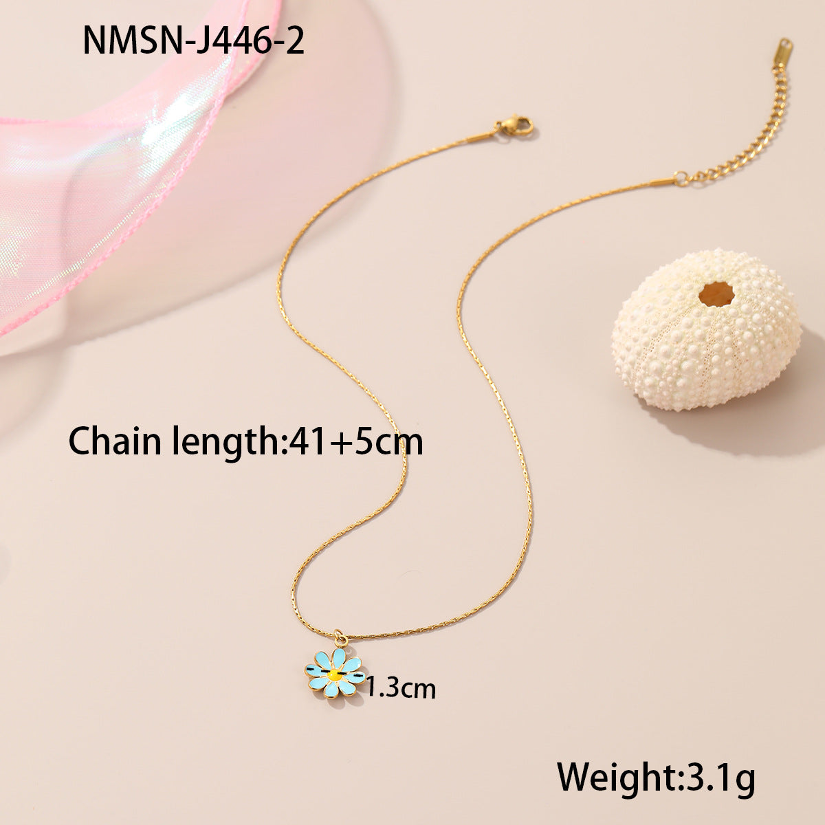 Collana da donna con fiore a margherita alla moda in acciaio inossidabile con finitura placcata, design geometrico a petali, accenti in smalto dopaminico