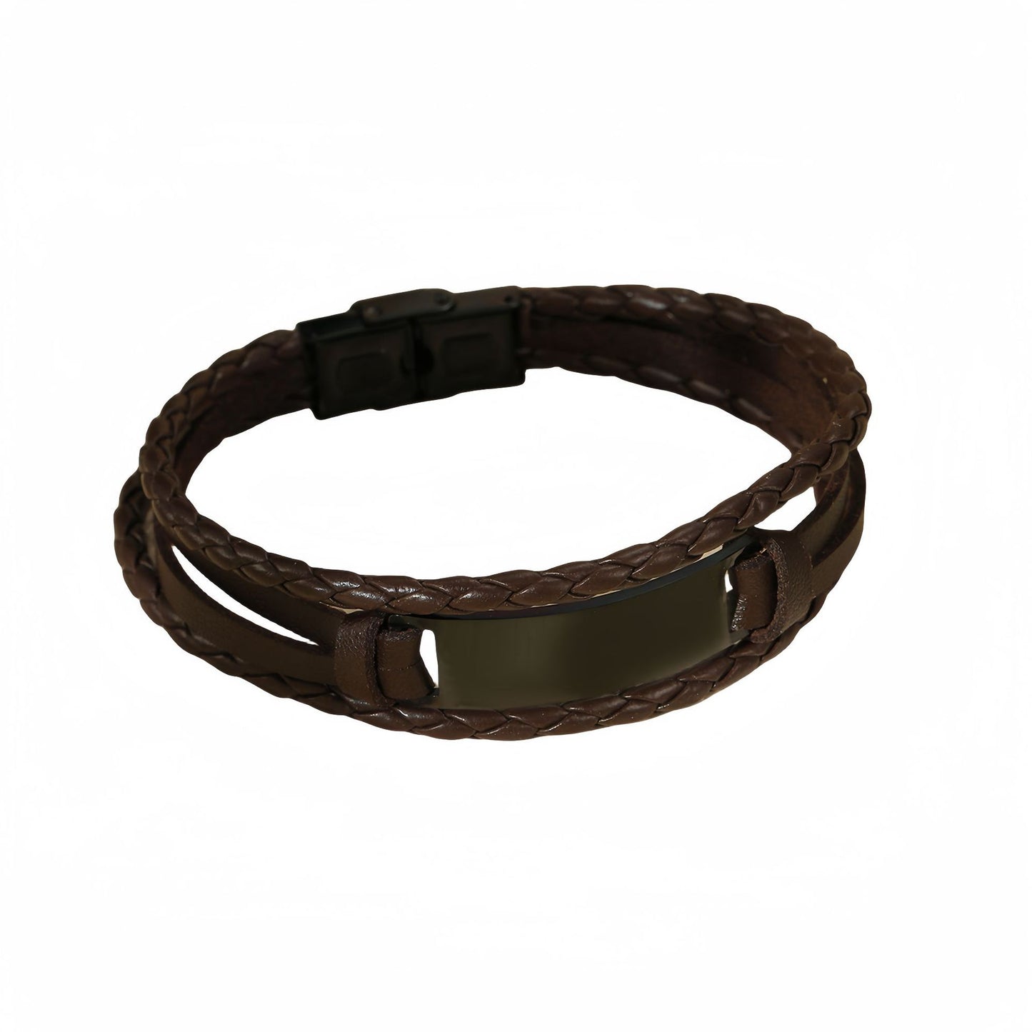 Bracciale Minimalista in Acciaio Inossidabile con Finitura Lucida, Placcatura in Titanio, Design Geometrico e Intreccio in Pelle, per Donna, con Possibilità di Incisione